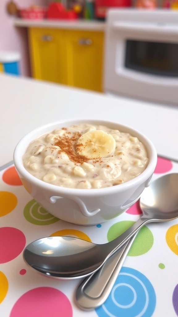 A bowl of oatmeal baby food with banana slice, colorful placemat, and baby spoon.